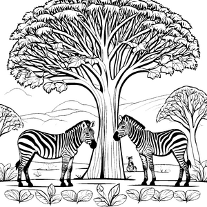Bezaubernde Zebras unter dem großen Baum Ausmalvorlage für kleine Naturforscher