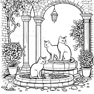 Katzenmama mit verspielten Kitten im Garten-Bereich Ausmalbild für tierliebe Entdecker