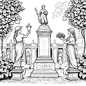 Imposante Statue im Garten mit liebevollen Begleitern Ausmalbild für kreative Entdecker