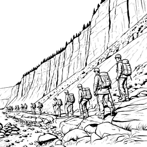 Geologentrekking entlang beeindruckender Klippen Ausmalbild für abenteuerliche Naturforscher