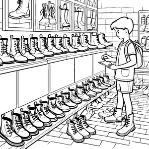 Begeisternde Schuhwahl im bunten Verkaufsraum Ausmalbild für angehende Modekenner