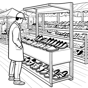 Faszinierende Schuhauswahl am lebhaften Markt Ausmalbild für neugierige Trendsetter