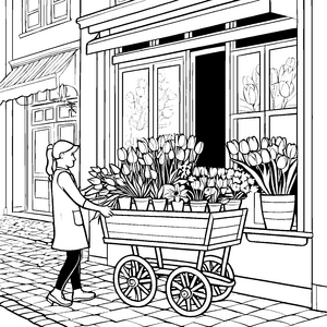 Blumenladen mit bunten Frühlingsblumen Malvorlage für kreative Gartenfreunde