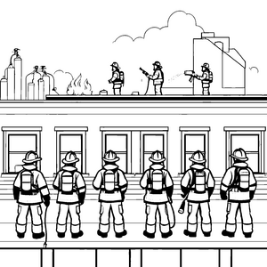 Dramatische Feuerwehrleute beim Löschen eines Brandes Ausmalvorlage für mutige kleine Retter