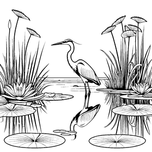 Wundervoller Reiher im blühenden Teich Ausmalbild für neugierige Wasserentdecker