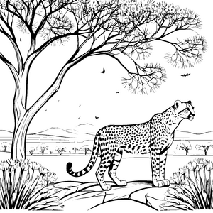 Eleganter Gepard unter schattenspendendem Baum Ausmalbild für abenteuerlustige Entdecker