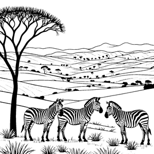 Abenteuerliche Zebras in der Savanne Ausmalvorlage für kreative Tierfreunde