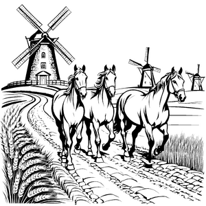 Feldrennende Pferde vor der alten Windmühle Ausmalbild für junge Landliebhaber