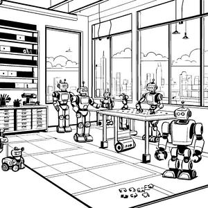 Schlaue Roboter bei kreativen Erfindungen Malvorlage für technikbegeisterte Entdecker