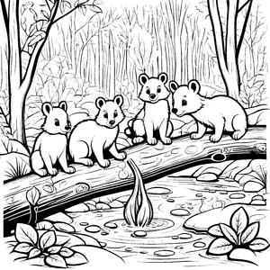 Verspielte Waschbär-Babys am glitzernden Teich Ausmalbild für neugierige Naturentdecker