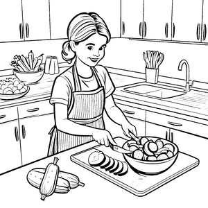 Fröhliches Mädchen schneidet frische Zucchini Malvorlage für kleine Küchenchefs