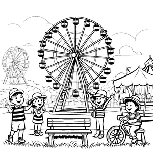 Funky Riesenrad mit fröhlichen Freunden Ausmalmotiv für lebensfrohe Entdecker