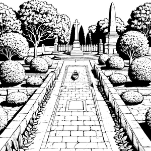 Geheimnisvoller Garten mit historischer Grabstätte Ausmalbild für neugierige Entdecker