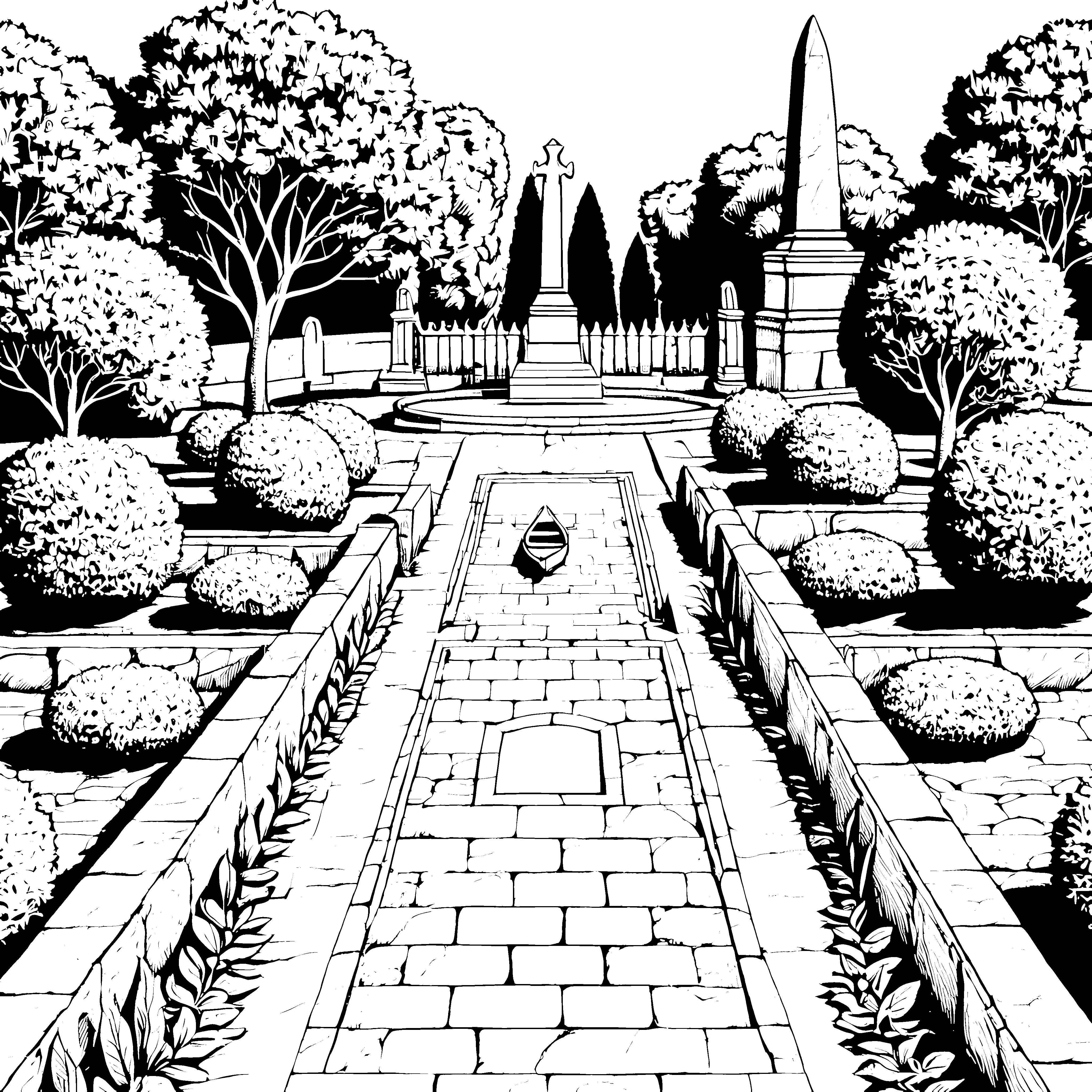 Geheimnisvoller Garten mit historischer Grabstätte Ausmalbild für neugierige Entdecker