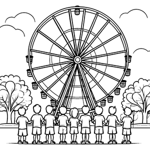 Riesiges Riesenrad mit fröhlichen Kindern Ausmalvorlage für abenteuerlustige Kirmesbesucher
