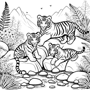 Verspielte Tigerbabys am glitzernden Wasserfall Ausmalbild für kleine Dschungelentdecker