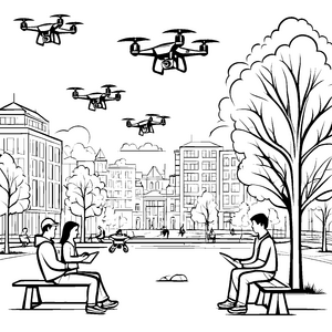 Drohnen im Stadtpark über kreativen Köpfen Ausmalbild für neugierige Technikfreunde