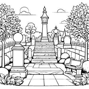 Faszinierender Friedhof mit ruhigen Erholungsorten Ausmalbild für kleine Geschichtenerzähler
