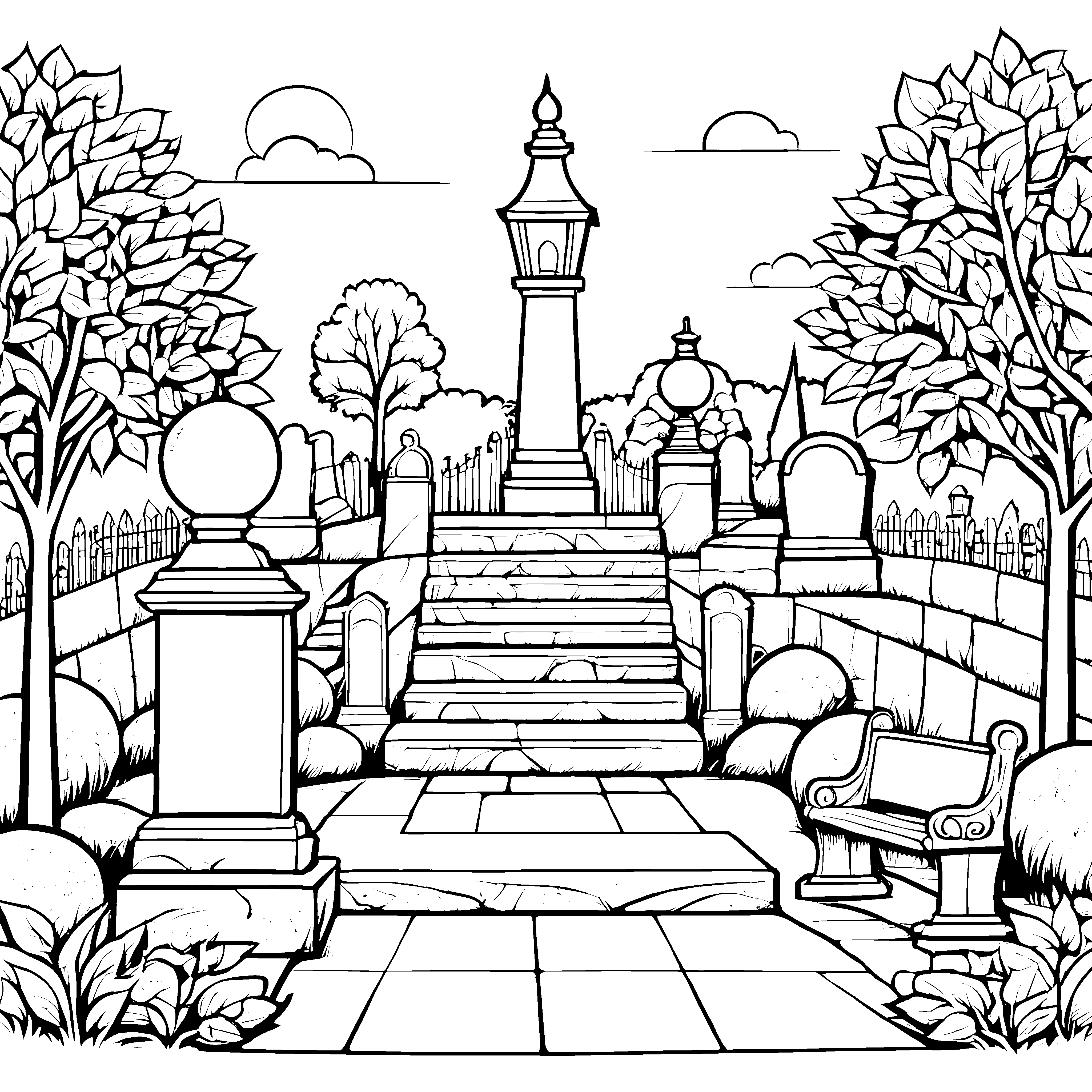 Faszinierender Friedhof mit ruhigen Erholungsorten Ausmalbild für kleine Geschichtenerzähler