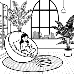 Gemütlicher Sitzsack im bunten Raum Ausmalbild für träumerische Bücherwurm-Freunde