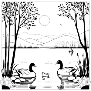 Wasserspiegeldarstellung fröhlicher Gänse Ausmalbild für kleine Naturentdecker