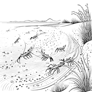 Pfiffige Garnelen bei ihrem Strandabenteuer Ausmalbild für kleine Wasserliebhaber