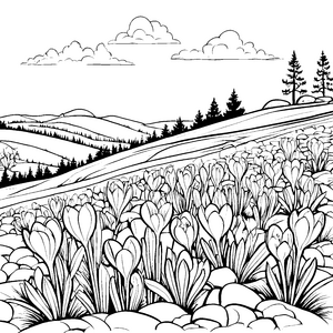 Frohe Krokusse in der blühenden Landschaft Ausmalvorlage für neugierige Naturfreunde
