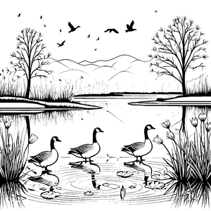 Elegante Gänse am glitzernden See Malvorlage für kleine Wasserliebhaber