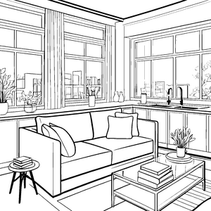 Stylisches Zweisitzer-Sofa im einladenden Wohnraum Ausmalmotiv für pfiffige Raumdesigner