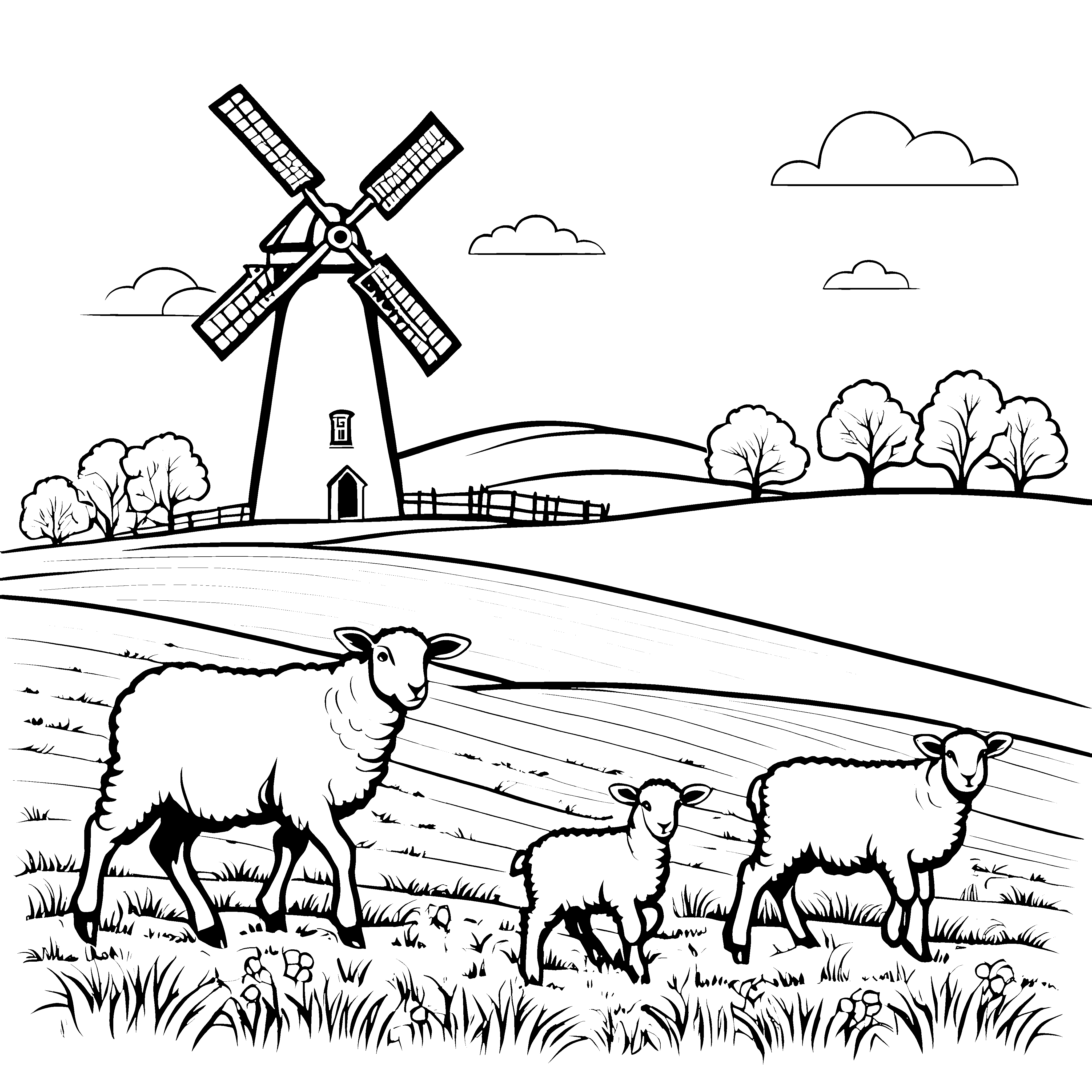 Familie von Schafen vor alter Windmühle Ausmalbild für liebenswerte Naturfreunde