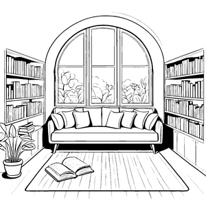 Modernes Designer-Sofa im gemütlichen Wohnzimmer Ausmalbild für stilbewusste Raumgestalter