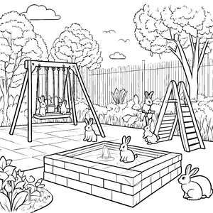 Fröhliche Kaninchen auf dem Spielplatz Ausmalvorlage für lebhafte Abenteurer