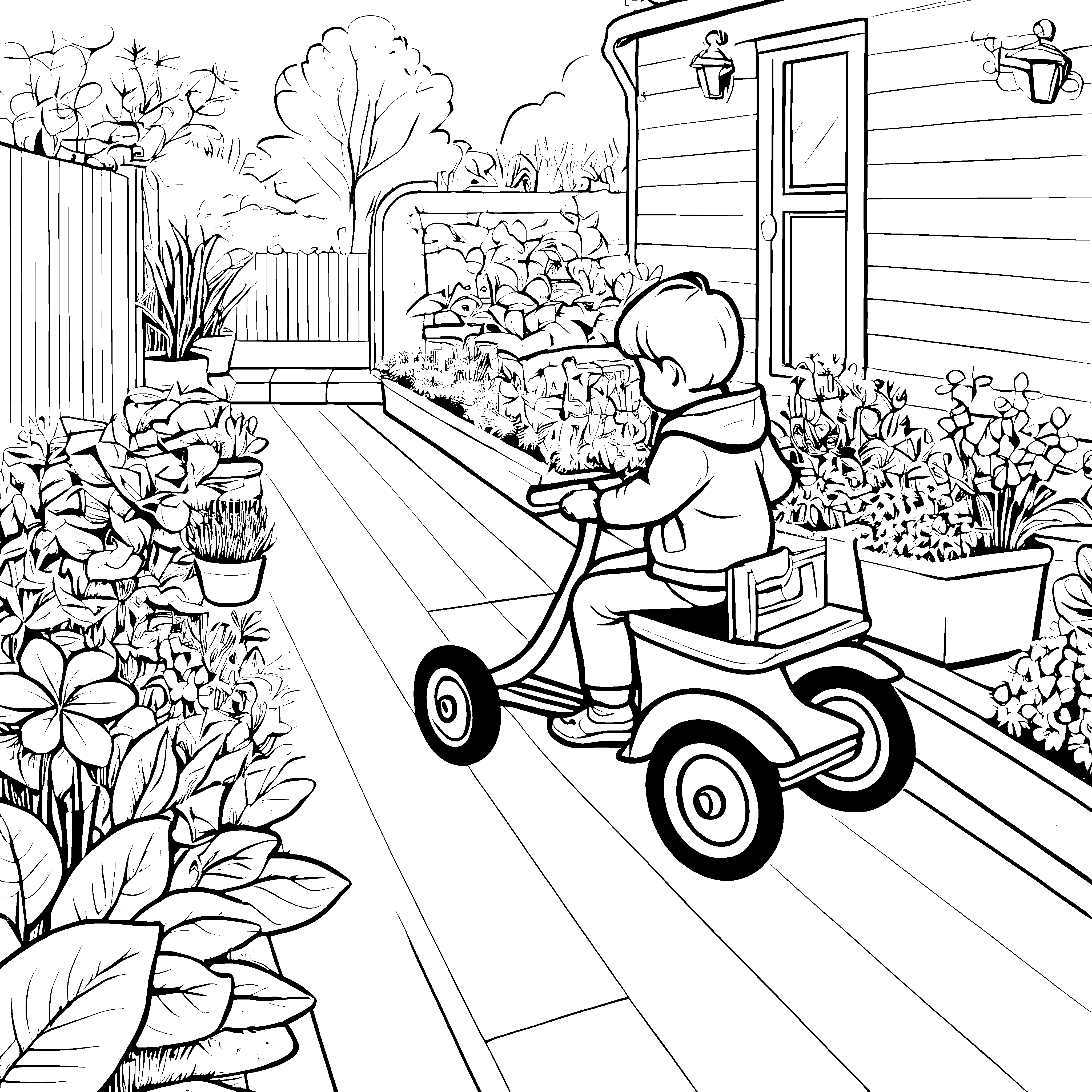 Kreatives Kind auf Trike im bunten Garten Ausmalbild für fröhliche Entdecker
