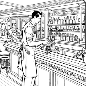 Kreativer Barkeeper bei der Cocktail-Zubereitung Ausmalmotiv für junge Genießer