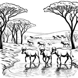 Majestätische Gnus am glitzernden Wasser Ausmalbild für abenteuerliche Naturfans