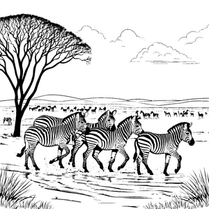 Spritzige Zebras am Wasserlauf Ausmalbild für neugierige Naturfreunde