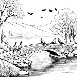 Fasanen-Pärchen auf malerischer Brücke Ausmalbild für abenteuerliche Naturentdecker