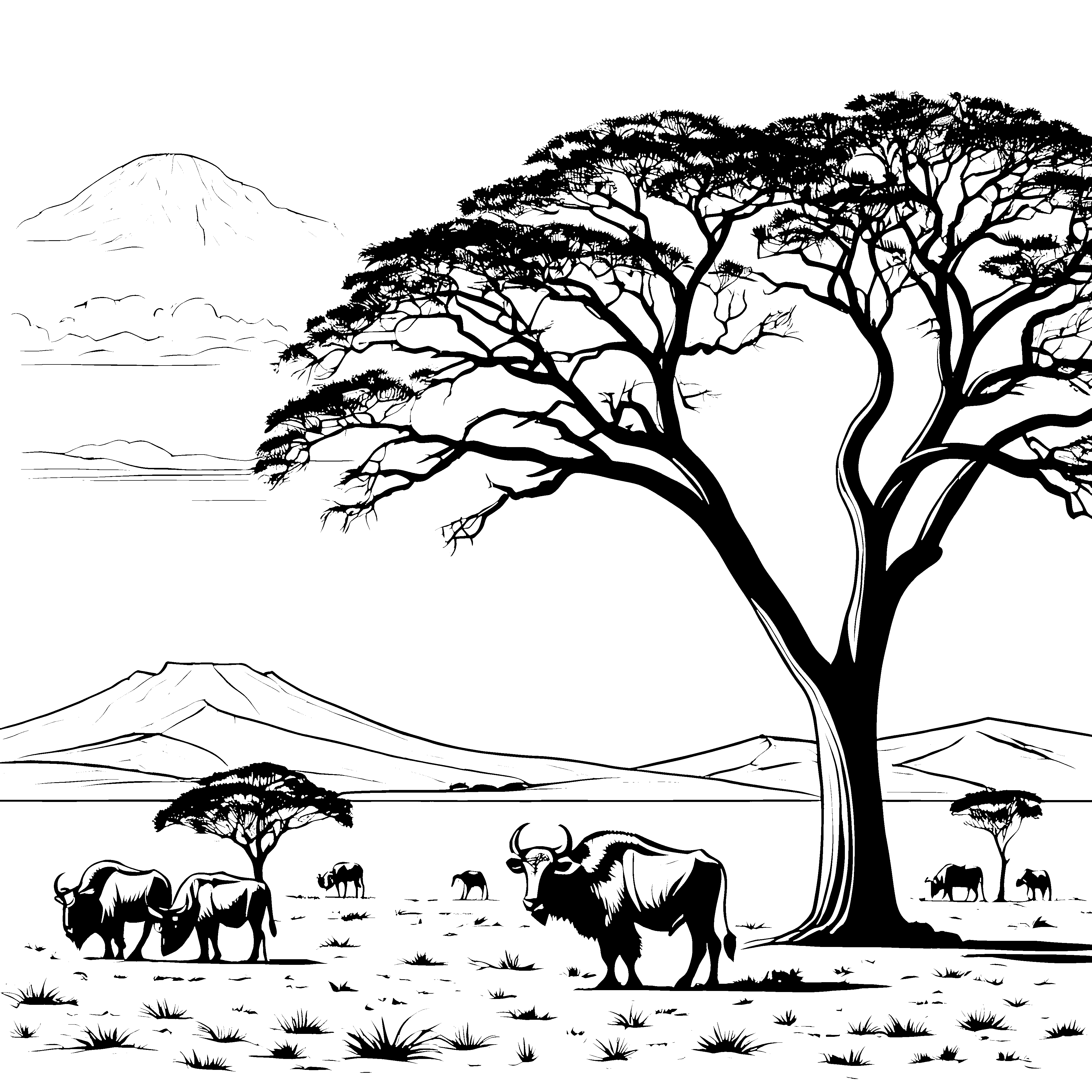 Majestätische Gnus unter dem afrikanischen Baum Malvorlage für abenteuerlustige Naturfreunde