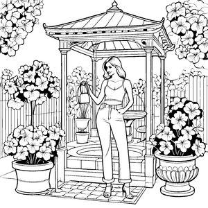 Elegante Damenhose in blühendem Garten Malvorlage für stilvolle Modemäntel