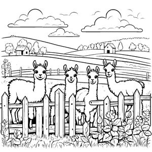 Fröhliche Lama-Jungs in der bunten Wiesenlandschaft Malvorlage für kleine Naturfreunde