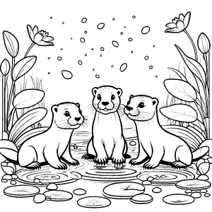 Fröhliche Otter-Babys am Teichrand Ausmalmotiv für kreative Wasserratten