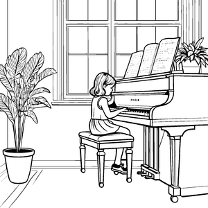 Fantasievolles Mädchen am eleganten Klavier Ausmalbild für musikbegeisterte Entdecker