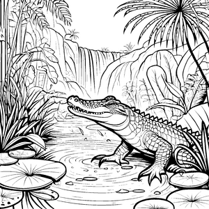 Krokodil vor atemberaubendem Wasserfall Ausmalmotiv für fantasievolle Künstler