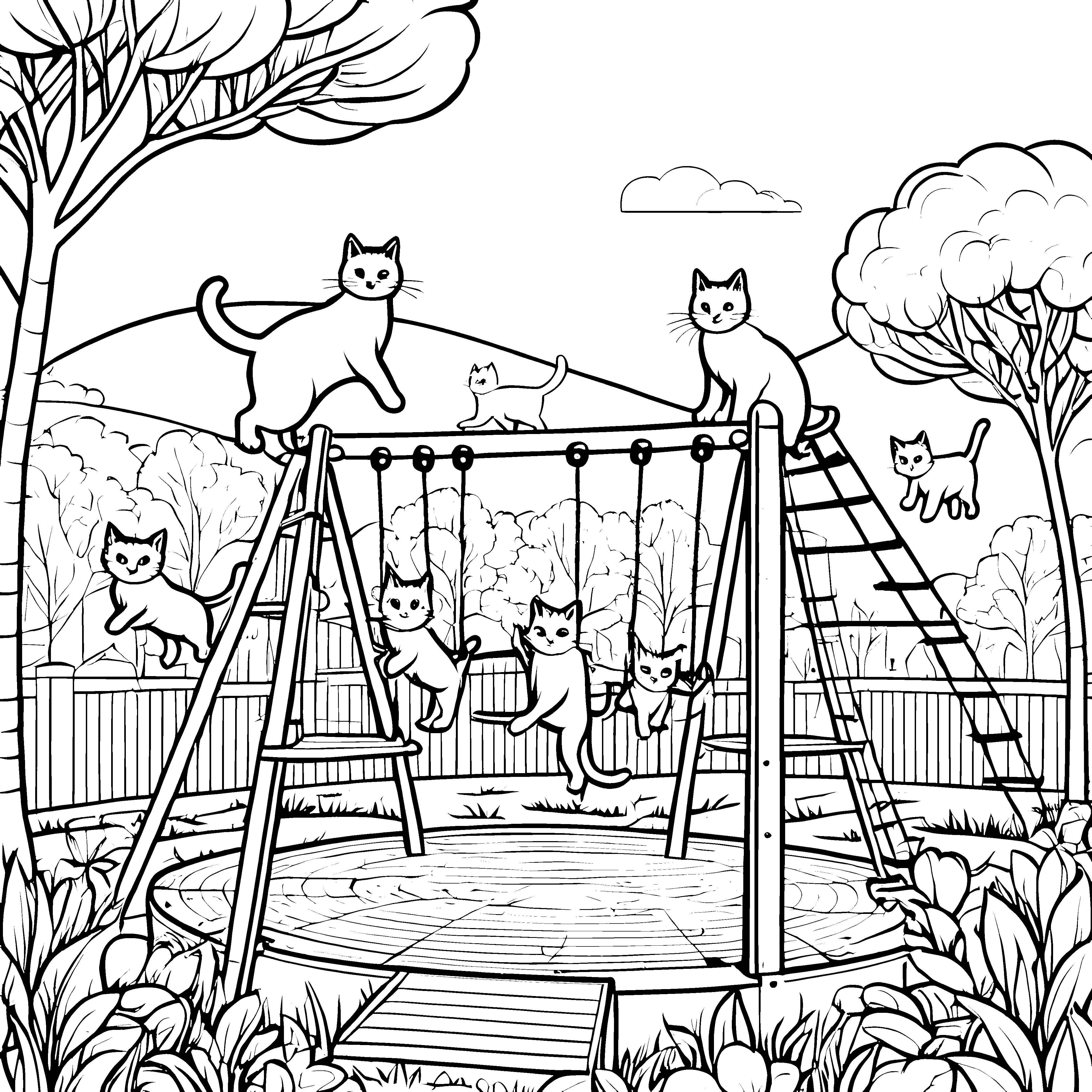 Lebhafte Katzen auf der Spielplatzschaukel Ausmalbild für fröhliche Entdecker