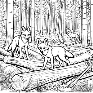 Verspielte Kojoten-Welpen im zauberhaften Wald Ausmalvorlage für mutige Naturentdecker