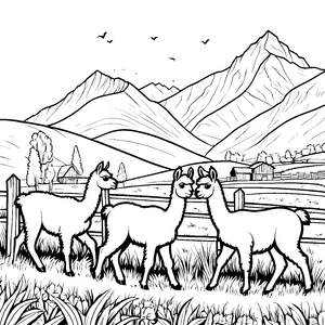 Verspielte Lama-Jungtiere auf der grünen Wiese Ausmalvorlage für kleine Naturfreunde
