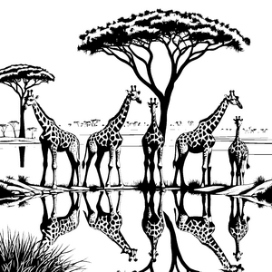 Elegante Giraffenfamilie am beschaulichen Wasserloch Ausmalmotiv für aufmerksame Naturfreunde