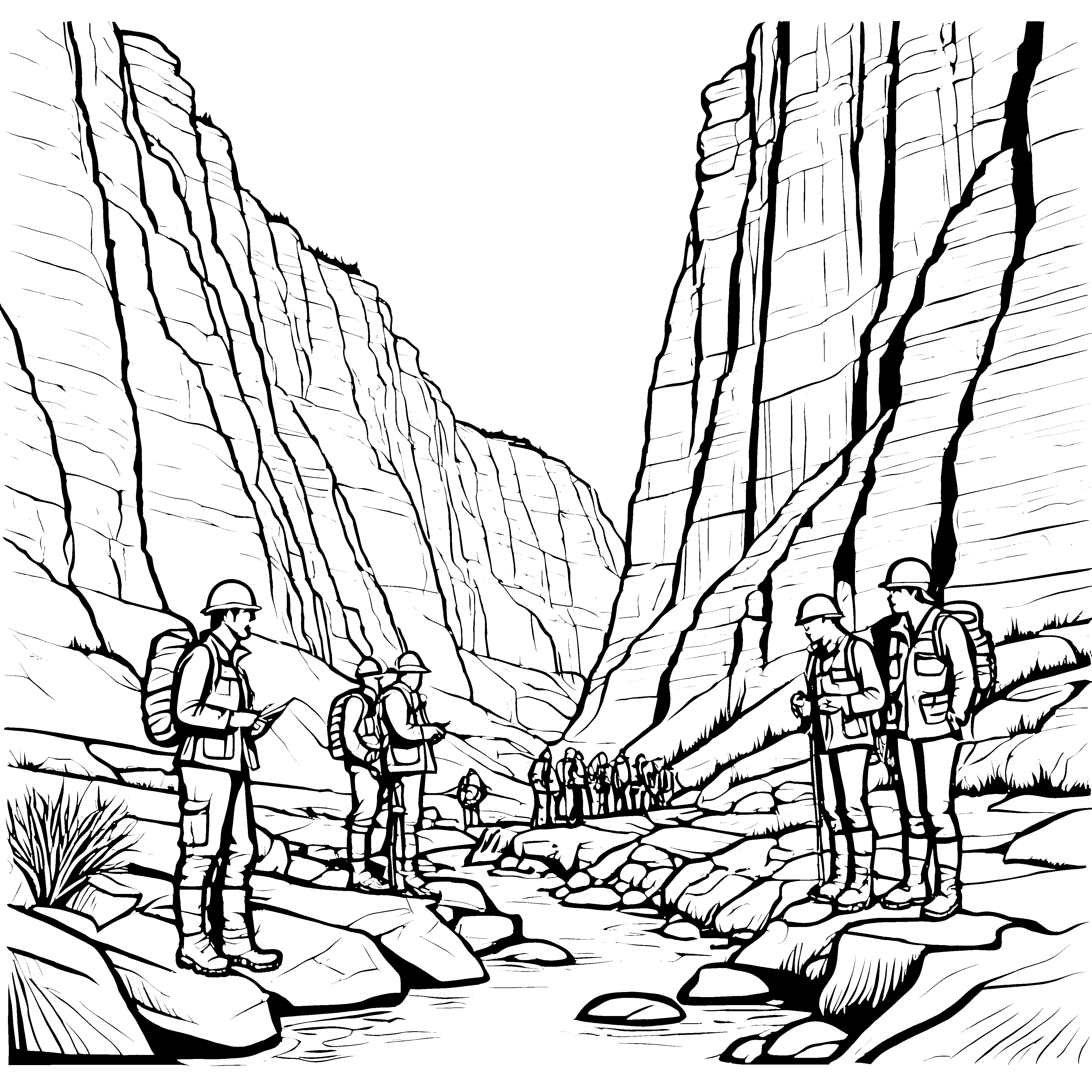 Atemberaubende Entdeckungstour im geheimnisvollen Canyon Ausmalbild für neugierige Forscher