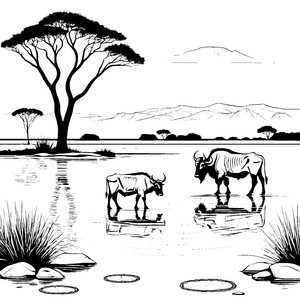 Dramatische Gnus an funkelndem Wasser Ausmalmotiv für neugierige Tierfreunde