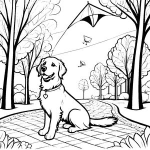 Fröhlicher Golden Retriever im Park mit Flugdrachen Ausmalbild für abenteuerliche Tierfreunde